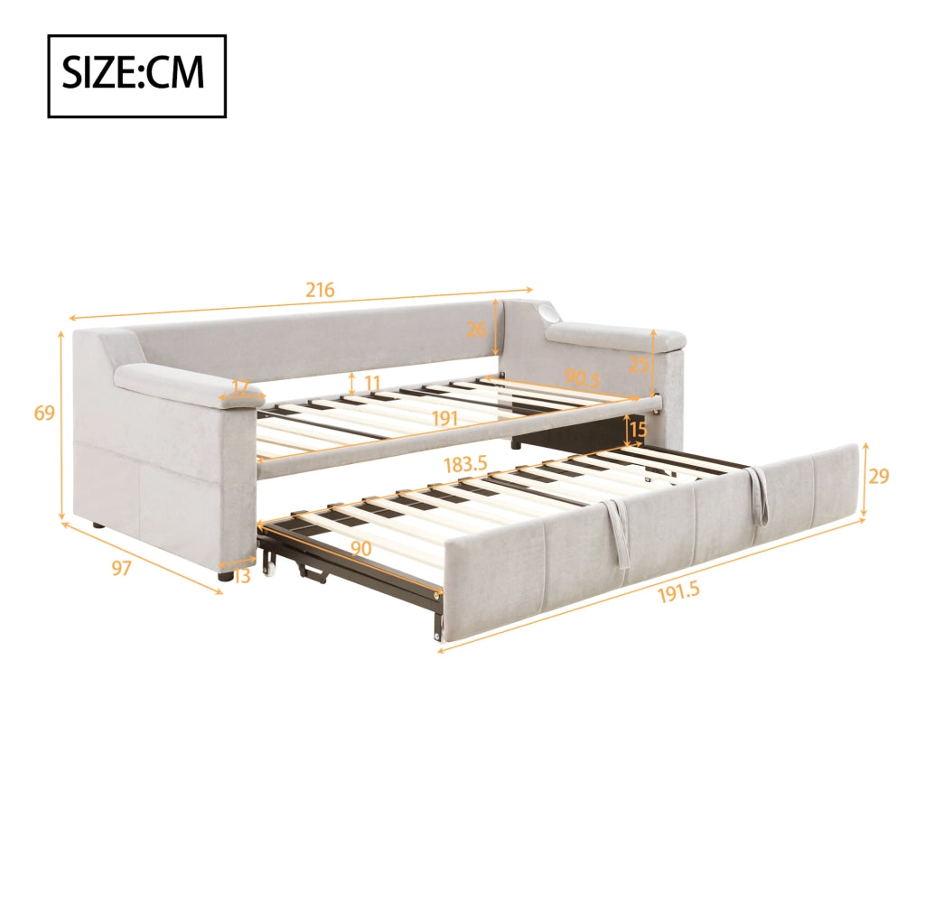 Divano letto 90x190 cm convertibile con Bluetooth; USB e vani in velluto beige
