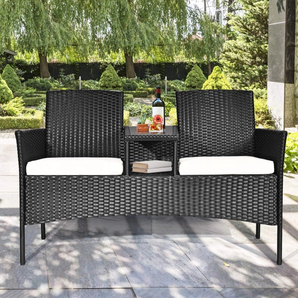 Panchina da Giardino in Polyrattan, 2 Posti, con Tavolo e Cuscino, Set da Giardino in Rattan, per Balcone, Terrazza, 138x62x85cm, 3 Colori (Bianco)