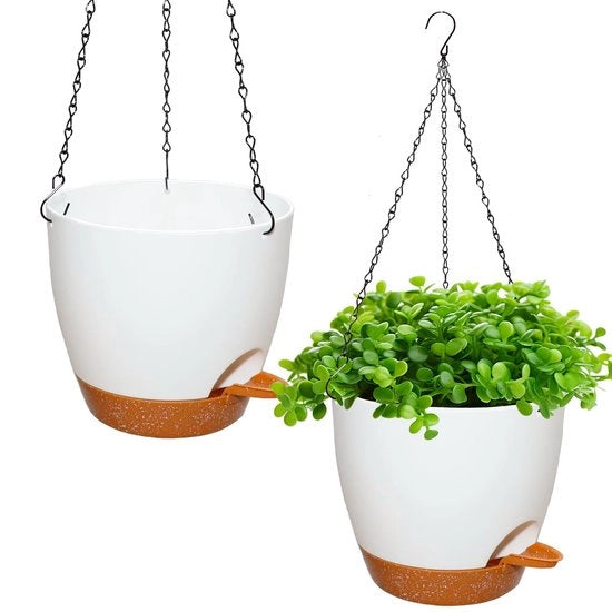 Set di vasi da fiore, sistema di irrigazione, da 2 pezzi, 20,5 cm, plastico per esterno, interno, autosorvente, vaso da appendere per piante, con 3 ganci, per esterno e interno, soffitti, balconi