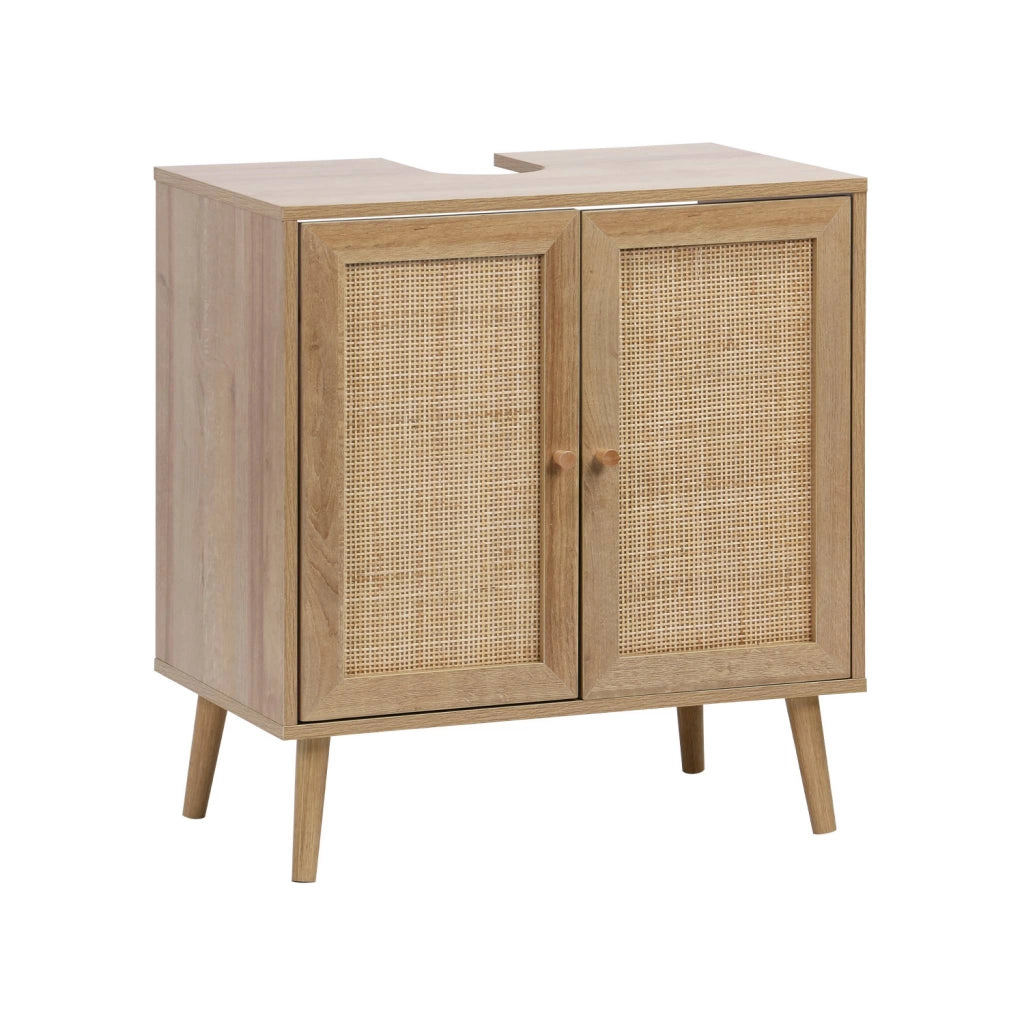 Mobile sotto lavabo decorato in legno e vimini, marrone naturale