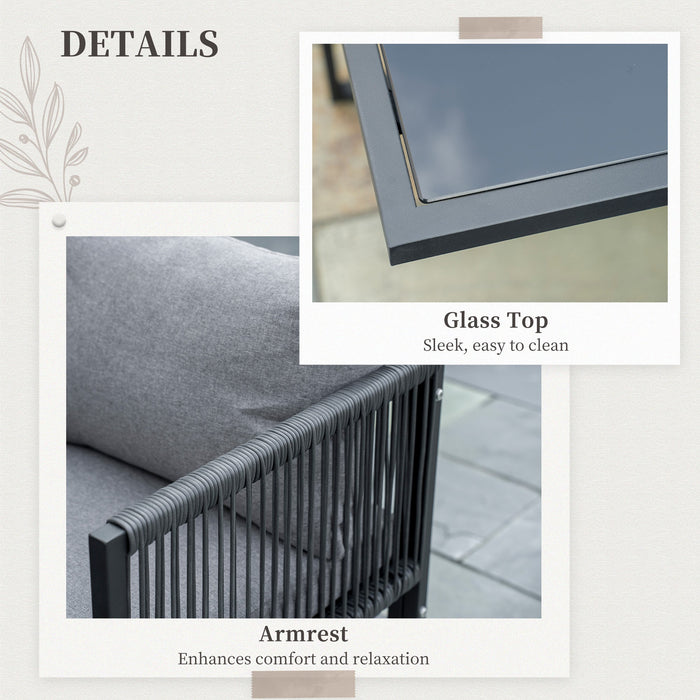 Set Tavolo e 4 Sedie da Giardino con Cuscini in Rattan PE Nero e Grigio