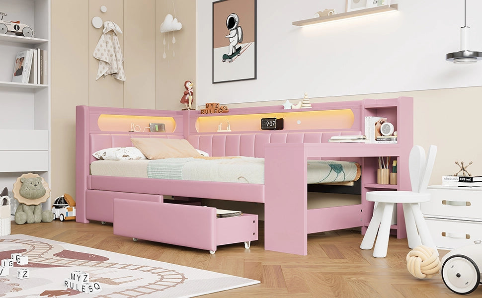 DESMIU Letto daybed 90 × 200 cm 1 posto con scrivania, 2 cassetti, USB e LED, senza materasso, rosa