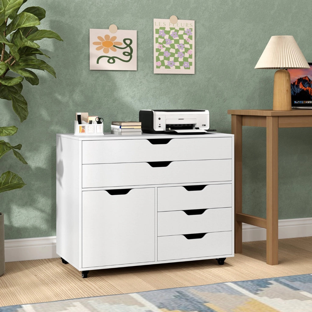 Armadietto laterale per archivio e supporto per stampante per soggiorno studio, Com¨° a 5 cassetti con porta 5 ruote Bianco-Armadi da ufficio