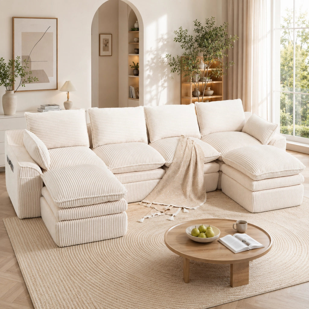 DIVANO MODULARE 4 POSTI 335x167x85 cm Corduroy Beige con 2 Pouf