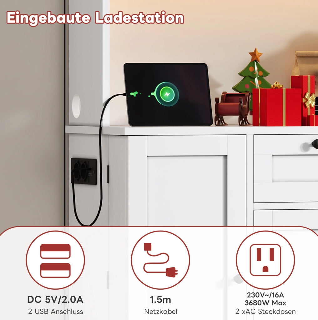 Credenza buffet con illuminazione LED RGB; prese USB e AC; 180 x 105 x 40 cm; bianco; in MDF