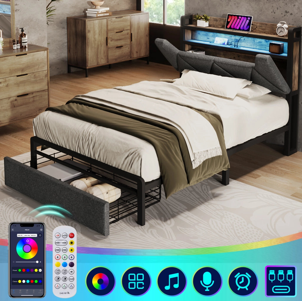 Letto una piazza 90x200 cm con testiera contenitore; LED; USB-C; cassetti; grigio