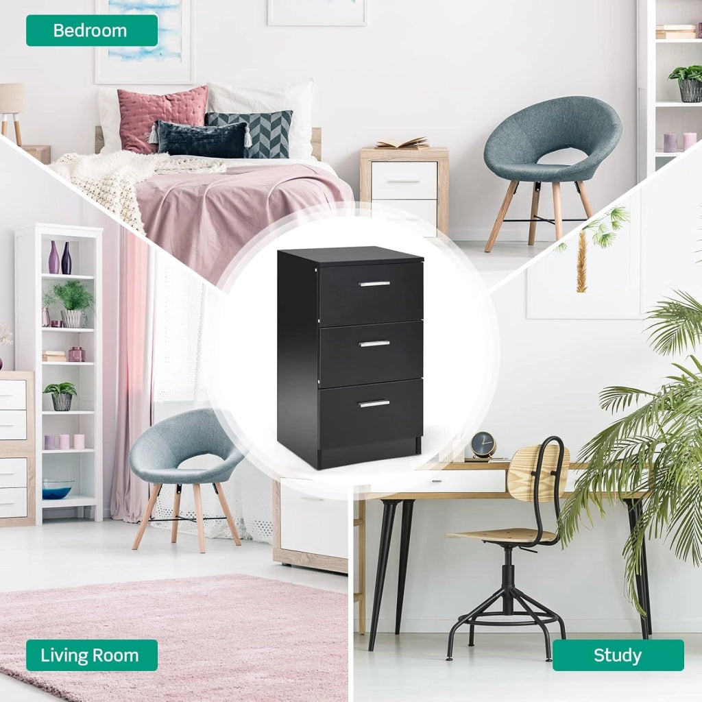 Comodino Camera, Armadietto Laterale, Mobiletto Fianco Letto, con 3 Cassetti, per Ufficio/Soggiorno/Studio, Portata di 80kg, 38x35x67cm, Nero/Bianco