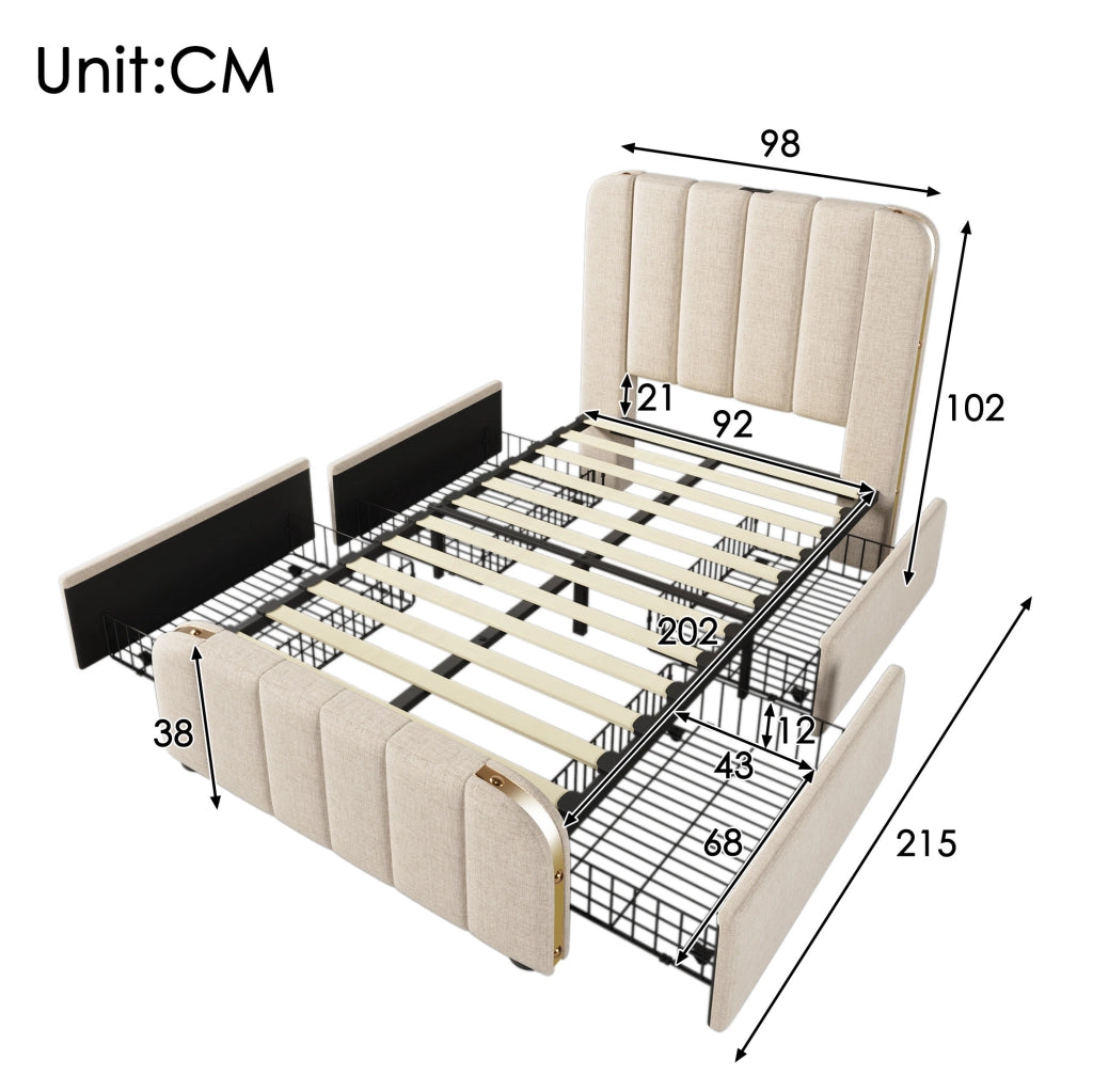 Letto singolo imbottito beige 90x200 con 4 cassetti e USB-C