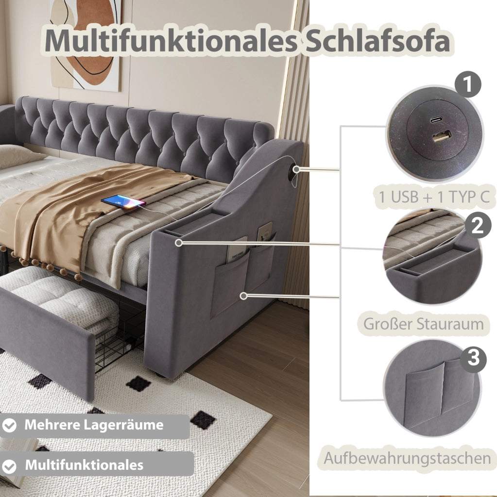 Divano letto imbottito 90x190 cm con USB e cassetti