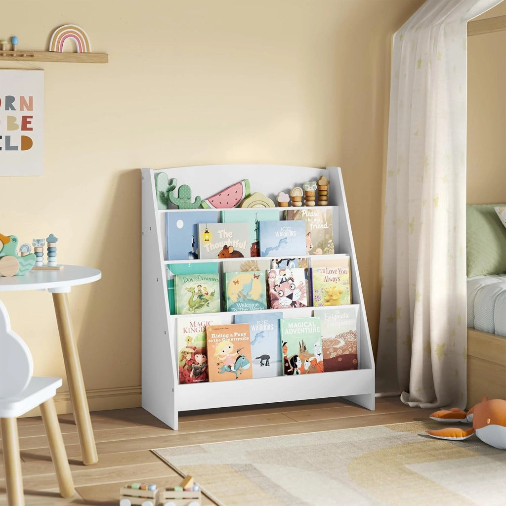 Scaffale Portagiochi Bambini con 4 Scomparti Aperti, Libreria Montessoriana in MDF con Antiribaltamento, 61 x 30 x 70 cm, Bianco
