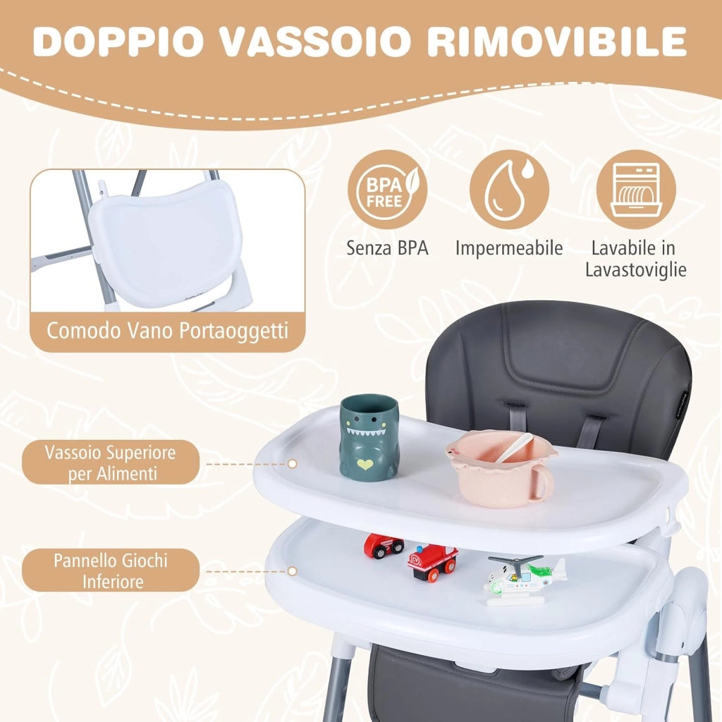 Seggiolone Pappa Portatile, con Altezza Regolabile, Schienale Reclinabile e Vassoio Rimovibile, Seggiolone Evolutivo Pieghevole con Cintura e 2 Ruote, per Bambini 6-36 Mesi (Grigio Scuro)