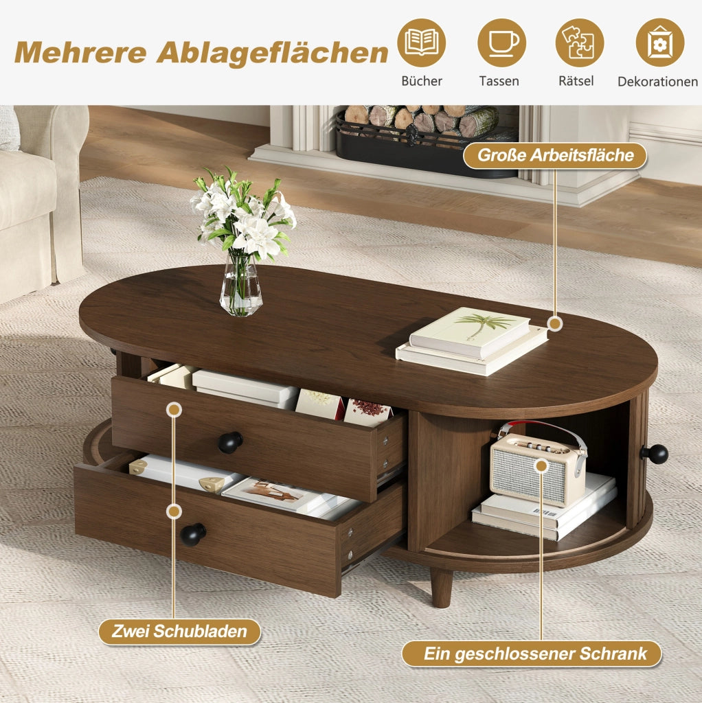 Tavolino da salotto rotondo 100x50x36 cm effetto noce; in MDF con 2 cassetti e ante scorrevoli
