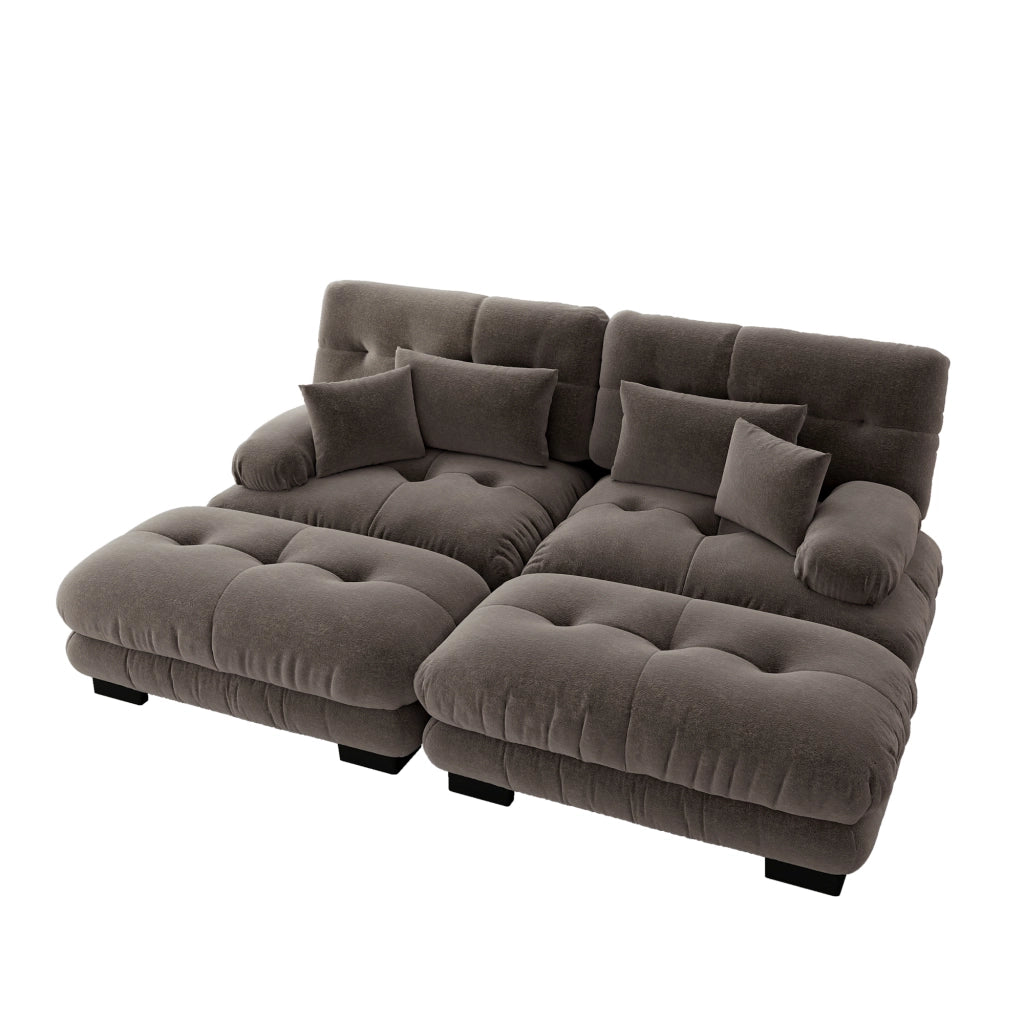 Divano angolare modulare in chenille con braccioli imbottiti e pouf, marrone 220 × 145 × 81 cm