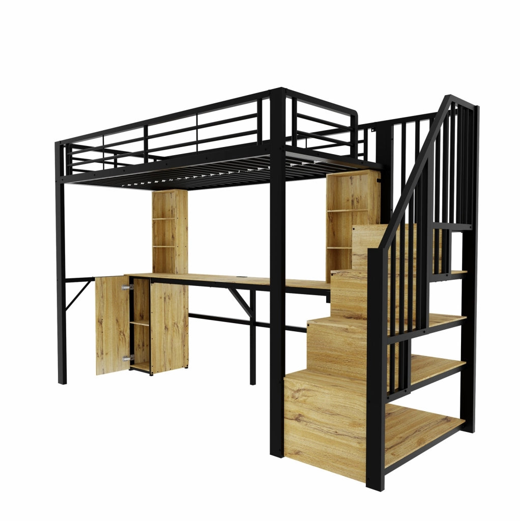 Letto a soppalco in metallo e MDF 90 x 200 cm con scrivania; armadio e USB; nero