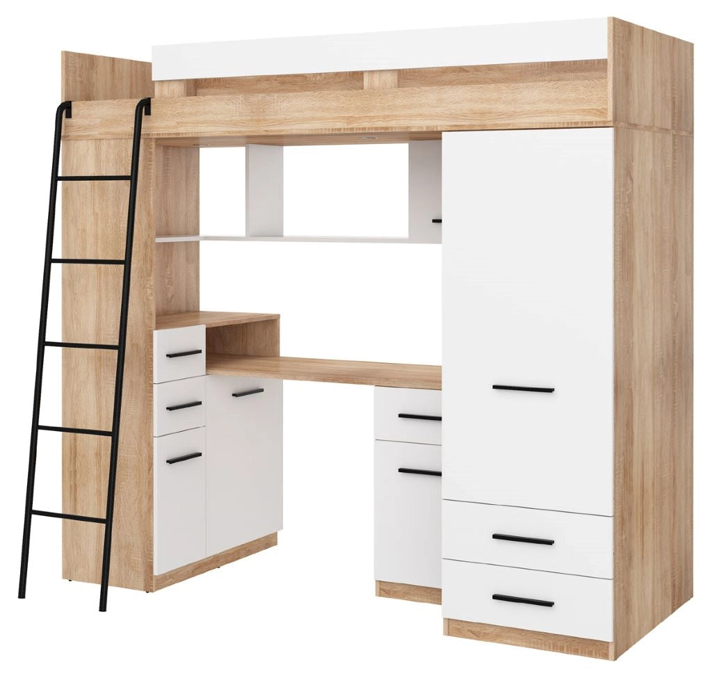 BIM Furniture letto soppalco con scrivania SMYK L cm110x204x188h Rovere Bianco