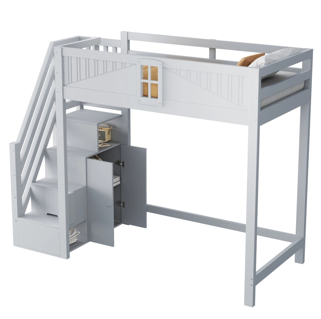 Letto a soppalco 90x200 cm in legno massello grigio