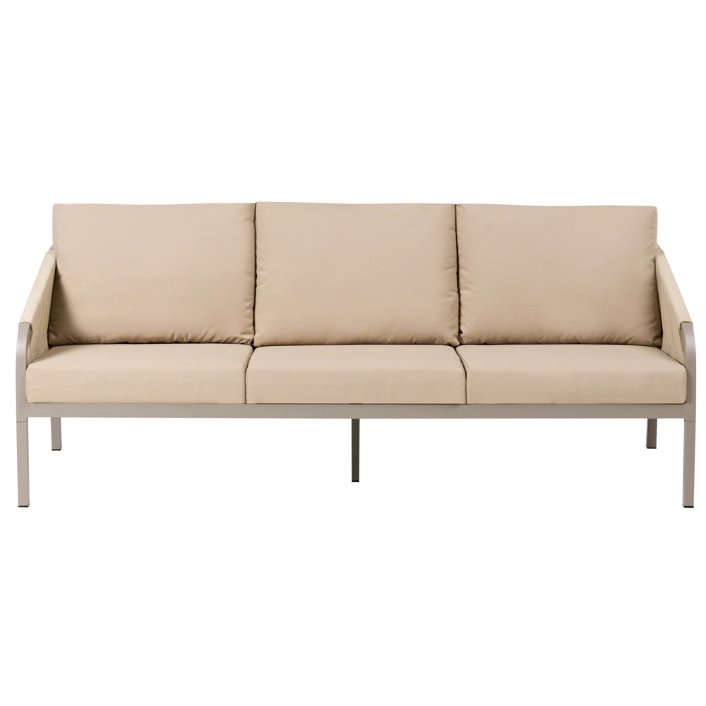 Set di divani da giardino a 5 posti Struttura in metallo beige Divano a 3 posti Poltrone con cuscini Stile moderno
