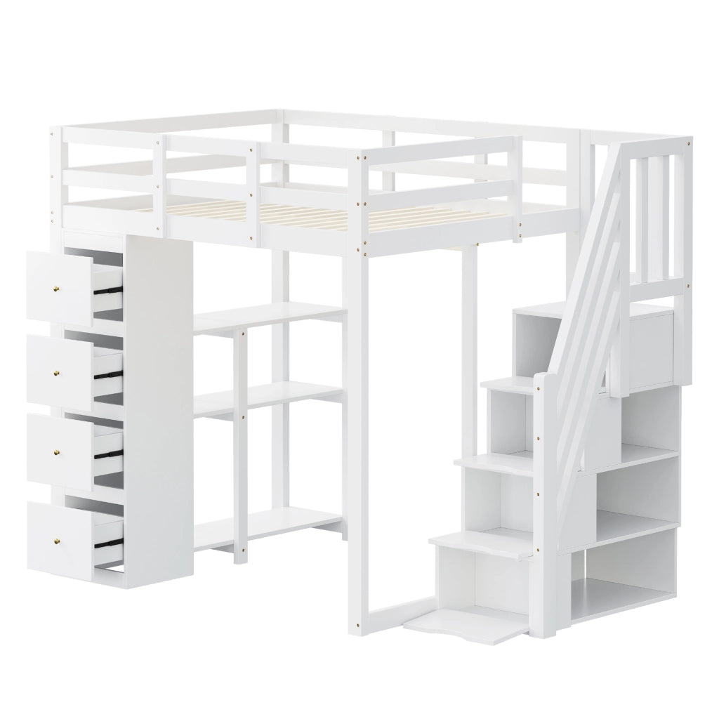 OKWISH Letto a Soppalco 140×200 cm, Letto Matrimoniale con 4 Cassetti, Scala Contenitore e Mensole, senza Materasso, in Legno, Bianco