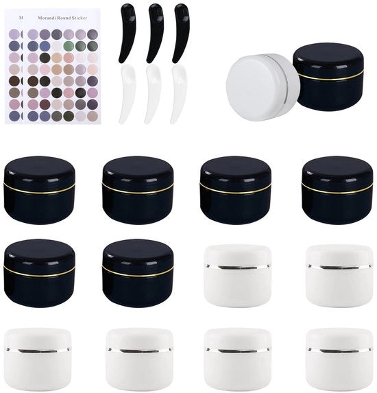 Contenitori di Creme 50 ml - Boccette di Vetro Vuote - 14 Pezzi - Con Coperchio - Inclusa Cucchiaia - Per Cosmetici e Viaggi - Boccetta di Creme