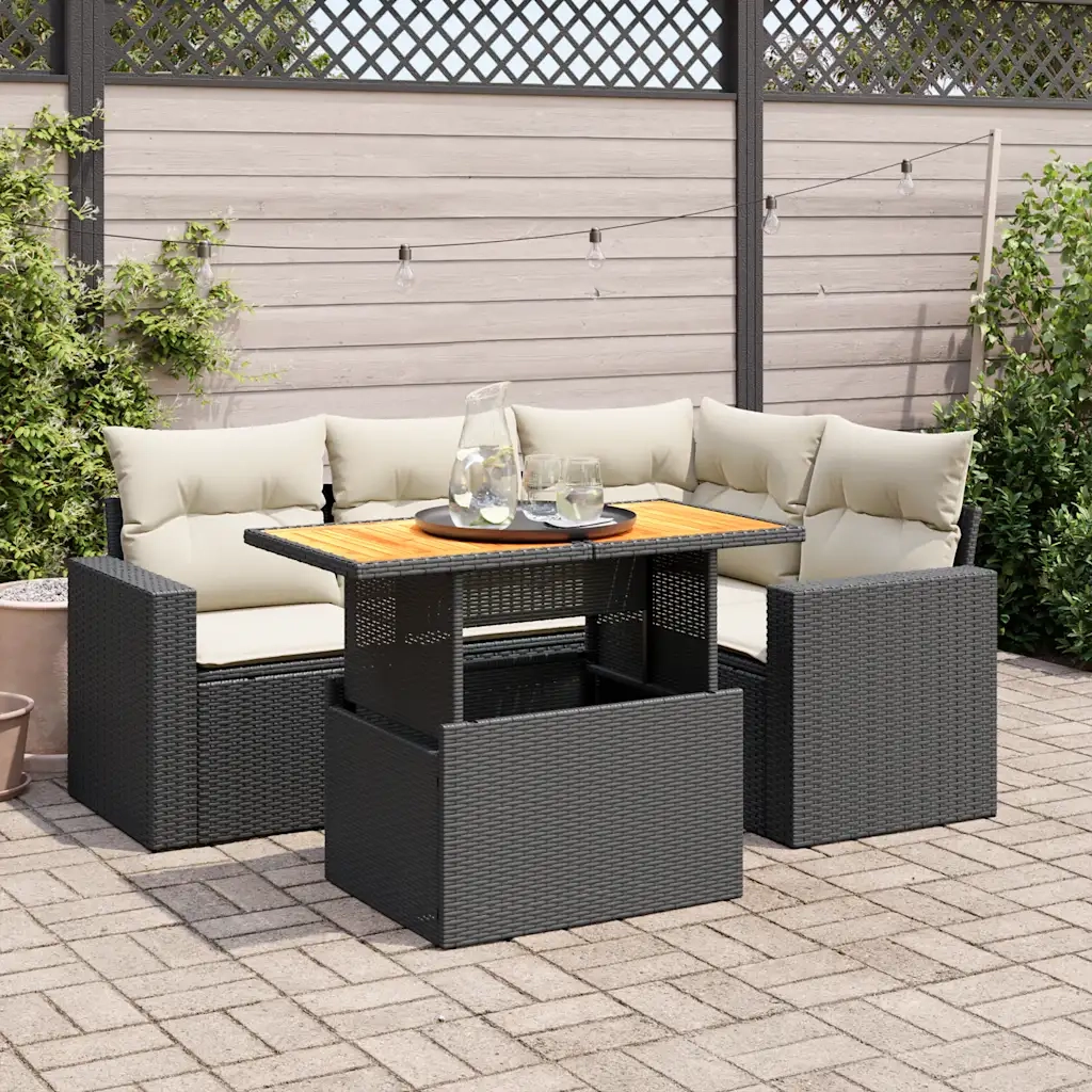 Set Divani da Giardino 5 pz con Cuscini in Polyrattan Nero