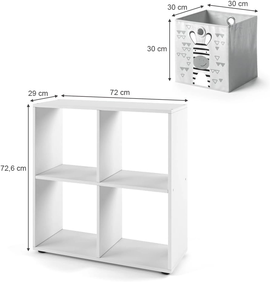 Libreria bambini Tetra, Bianco, 72.6 x 72 cm con 4 scatole pieghevoli, adatto per riporre giocattoli e libri