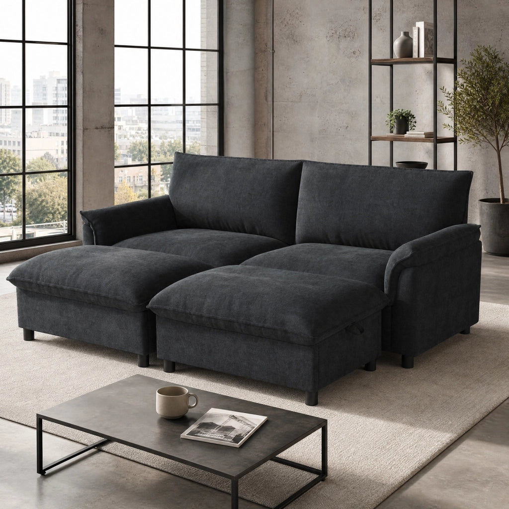 Divano modulare in chenille nero con pouf contenitore mobile, funzione letto temporanea, 216x77x82 cm