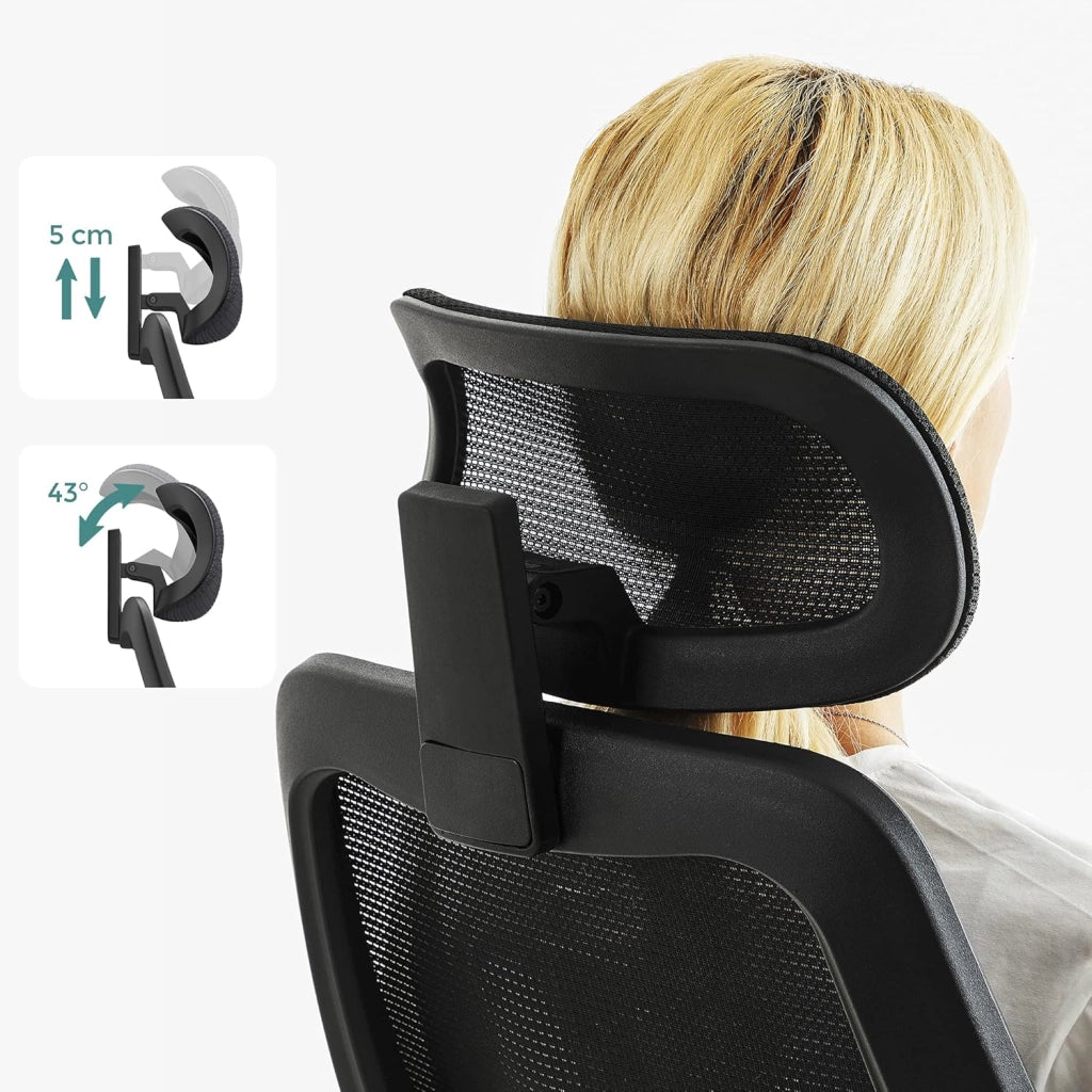 SONGMICS Poltrona da ufficio, sedia ergonomica, seduta girevole, braccioli e poggiatesta regolabili, in tessuto traspirante, altezza regolabile, nero OBN087B01