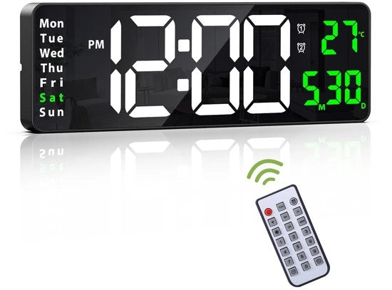 Cronografo digitale da parete da 40,6 cm con telecomando, display digitale con 10 livelli di luminosità, grande orologio countdown con visualizzazione data/ora/temperatura, 2 allarmi, cronografi per casa e ufficio - Temperatura in verde