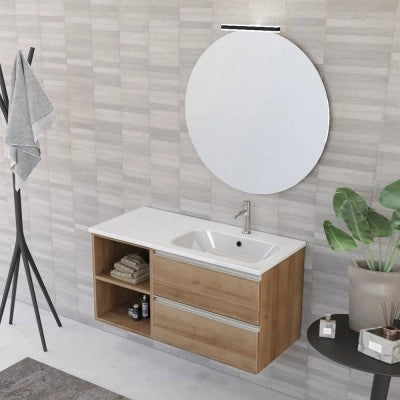 Mobile bagno sospeso 100 cm rovere miele con cassetti e vani a giorno completo di lavabo a destra e specchio contenitore Master