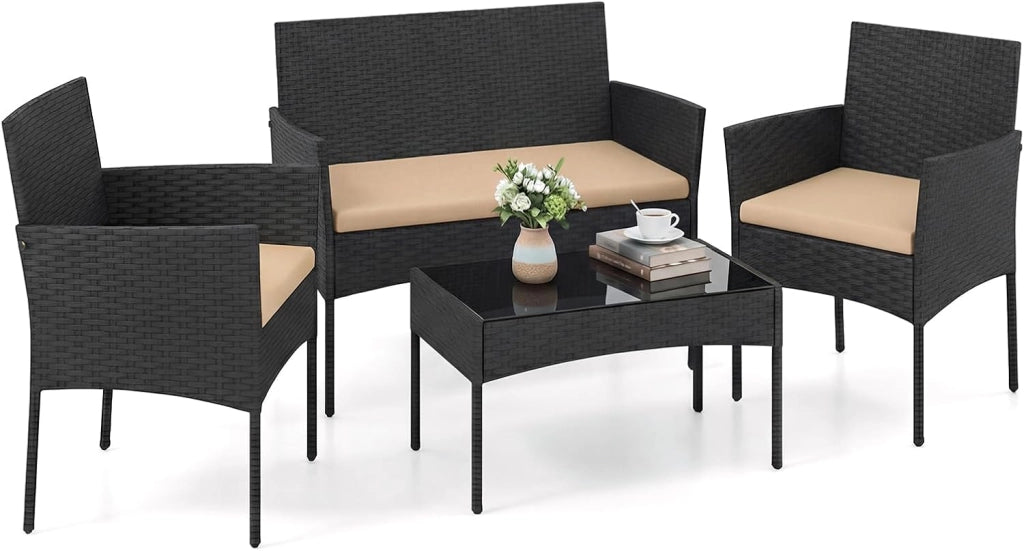 Set Salotto da Giardino 4 Pezzi, Divanetto da Esterno in Rattan PE con 2 Poltrone e Tavolino con Piano in Vetro Temperato, Cuscini Imbottiti e Telaio Metallo per Terrazzo e Balcone (Giallo)