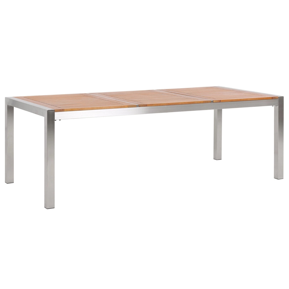 Set da pranzo da giardino con piano in legno di eucalipto chiaro e struttura in acciaio 220 x 100 cm con 8 sedie bianche