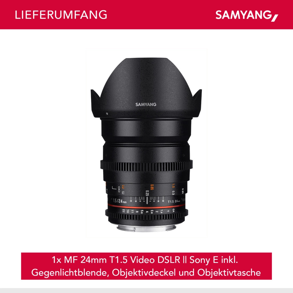 SAMYANG Obiettivo Video DSLR II Sony E 24 mm / T1.5 Obiettivo video a fuoco manuale 0.8 Gear, grandangolo, nero