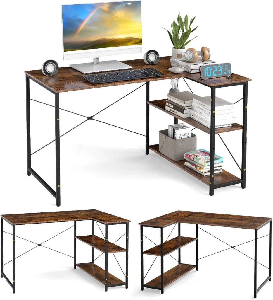Scrivania a forma di L da 118 cm, tavolo per computer con ripiano reversibile, scrivania ad angolo moderno con ripiano regolabile, per studio, ufficio (bianco)