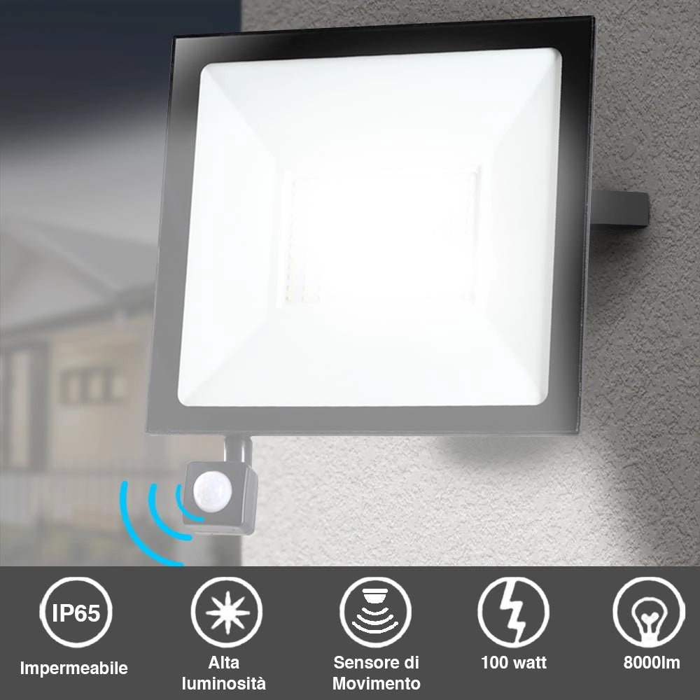 Faro LED 100W Luce Alta Luminosita 8000lm Faretto esterno con Sensore Movimento