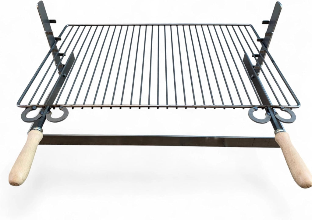 Griglia in ferro regolabile su più altezze, bistecchiera con manici in legno, per barbecue e camino per carne pesce verdure 70x45cm
