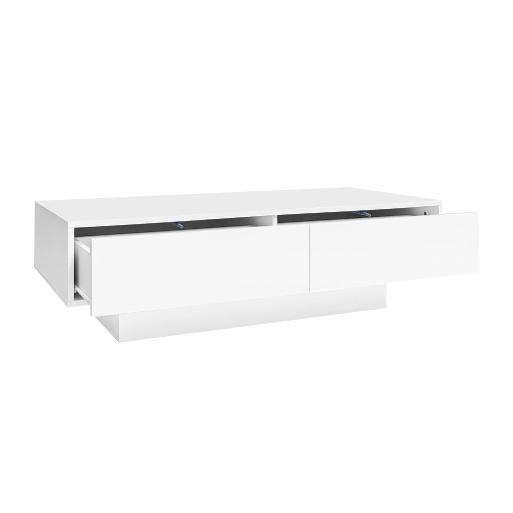 Tavolino da salotto moderno bianco lucido 115 x 55 x 34 cm con 2 cassetti, illuminazione LED e portata 30 kg