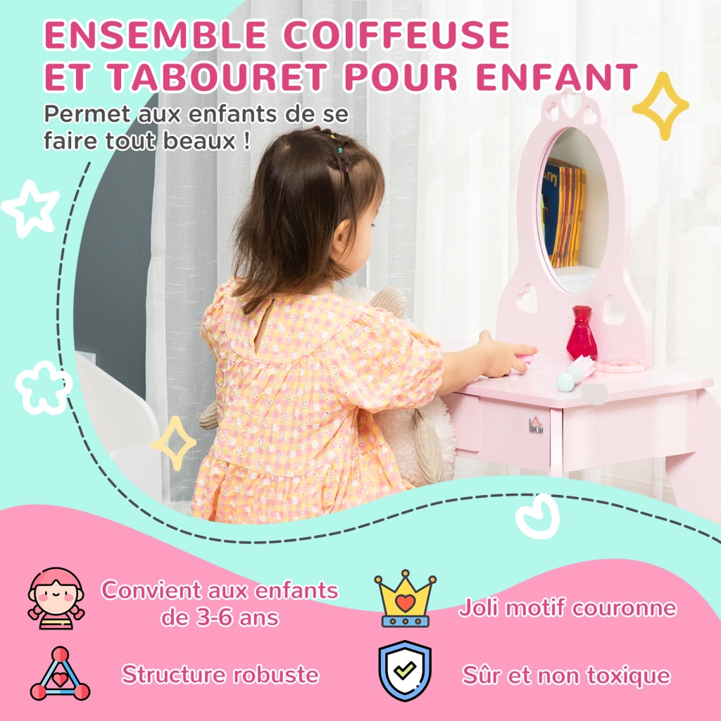 Scrivania Bambini con Specchio e Cassetto ¨C zephmum ¨C Rosa 60x36x88 cm