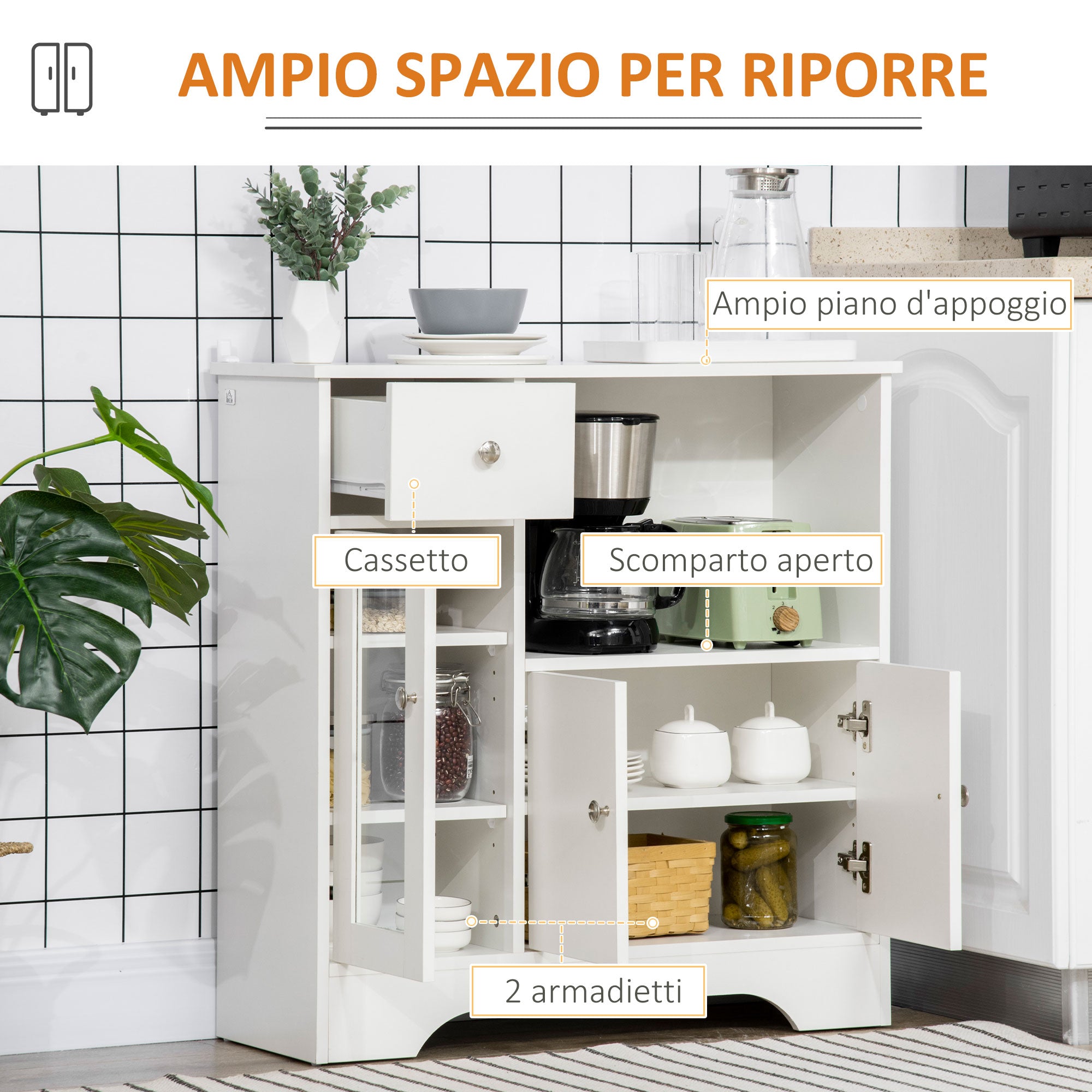 Credenza Buffet 80x30x82 cm con Vano Aperto Cassetto 3 Ripiani e Armadietto a 2 Ante in Legno Bianco