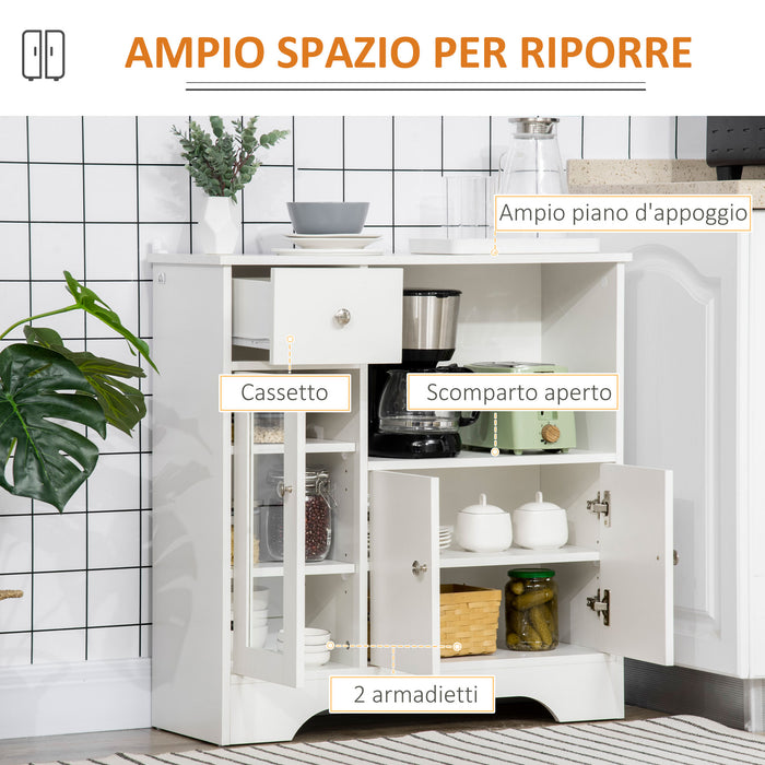 Credenza Buffet 80x30x82 cm con Vano Aperto Cassetto 3 Ripiani e Armadietto a 2 Ante in Legno Bianco