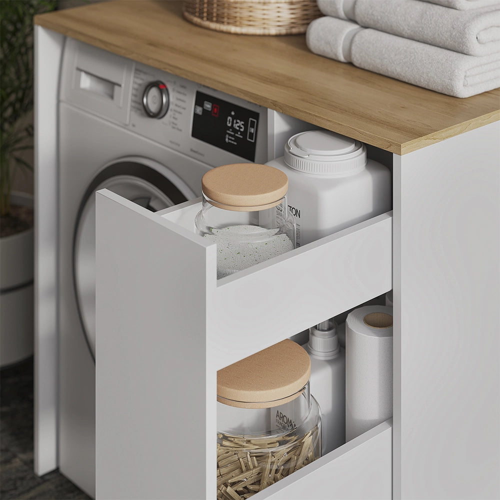 Mobile lavatrice Viktor Bianco/Rovere artigianale 93.6 x 88.2 cm con 3 scomparti Vicco