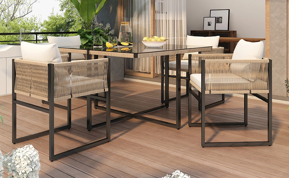 Set pranzo giardino 5 pezzi: tavolo pranzo + 4 sedie impilabili; ferro; vetro sicurezza; beige