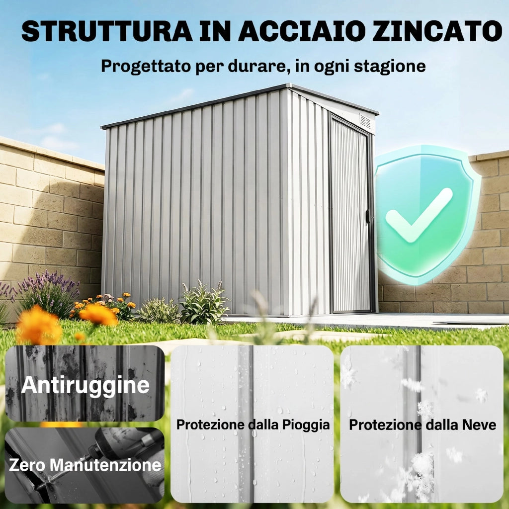 Capanno Attrezzi in Metallo 1.5x2m con Base, Porta Scorrevole e Tetto Inclinato, Bianco