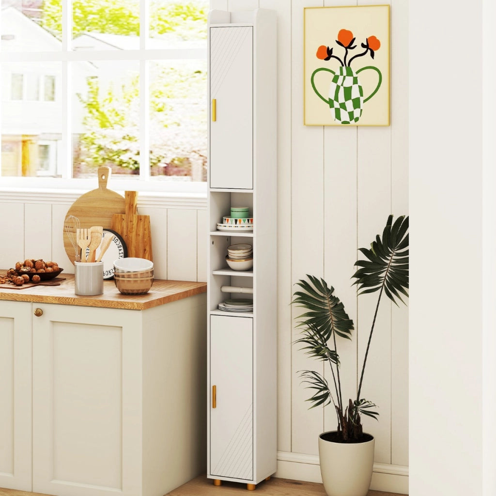 Armadietto da bagno stretto organizzatore stretto con 2 ante e ripiani regolabili-Mobiletto da bagno Armadietto da bagno alto Bianco