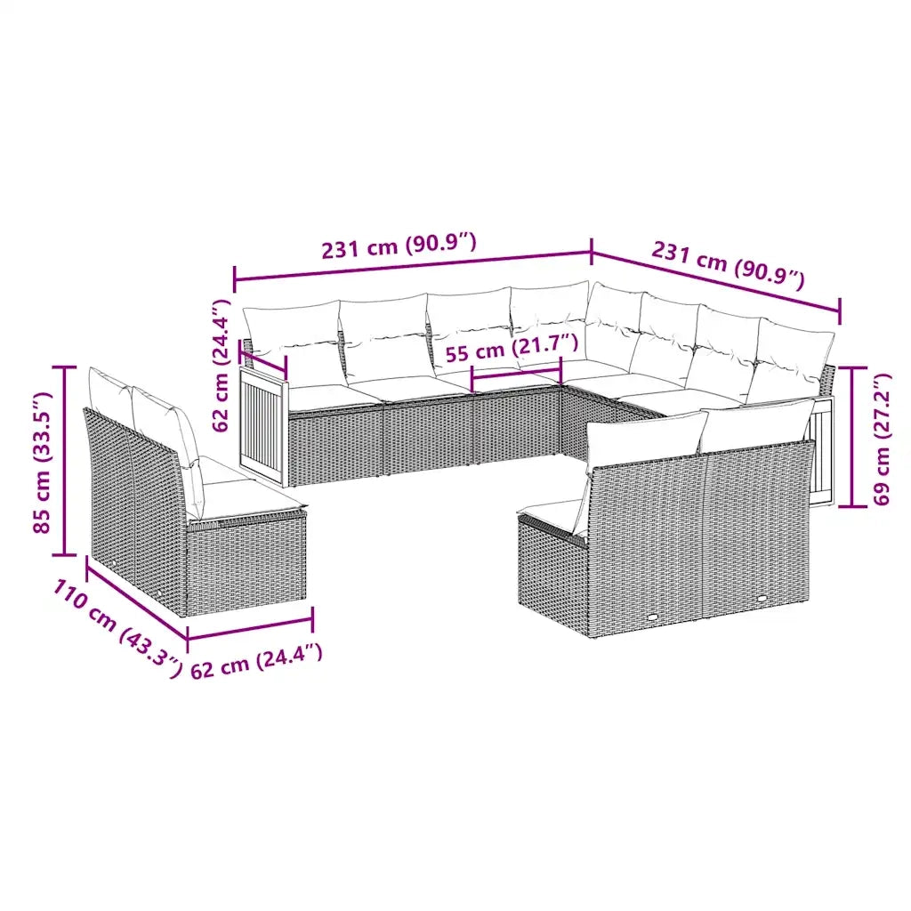 Set Divani da Giardino 11 pz con Cuscini in Polyrattan Nero