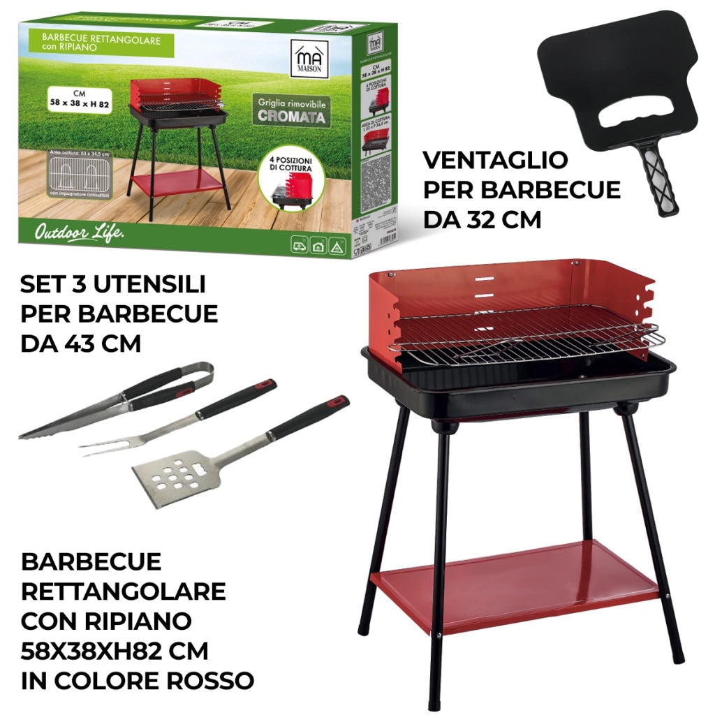 MAURY'S SET BARBECUE RETTANGOLARE CON RIPIANO 58X38X82H CM + VENTAGLIO ASSORTITO DA 32 CM + GRILL SET 3 UTENSILI 43 CM