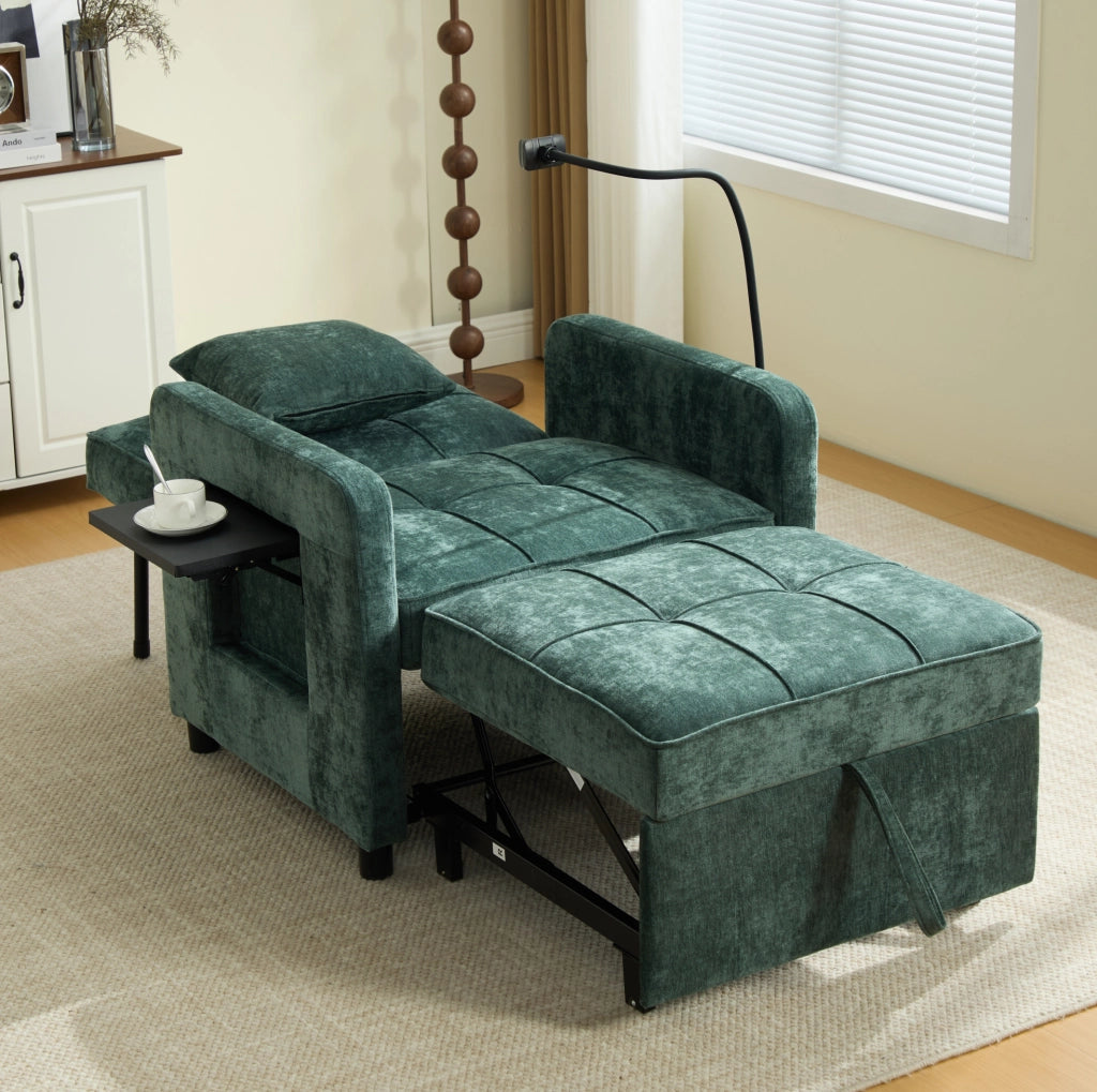 Poltrona letto 2 in 1 convertibile in chenille verde; 167 x 79 x 83 cm; con poggia-braccio