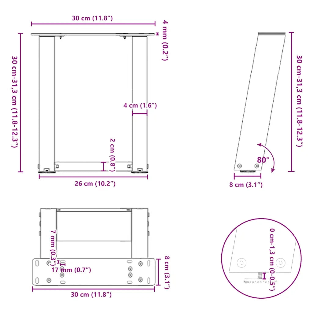 Gambe per Tavolino da Caffè a Forma di U 2 pz Bianche 30x(30-31) cm Acciaio 4012737