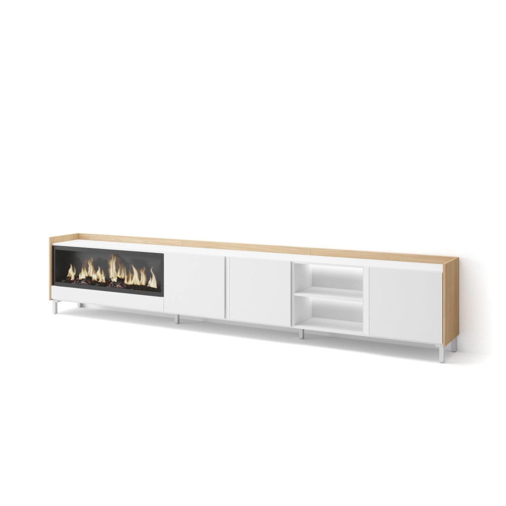 Mobile TV Soggiorno, 315x61x35 cm, Per TV fino a 80", Camino elettrico XXL, Design industriale, LED, Bianco e Rovere soft
