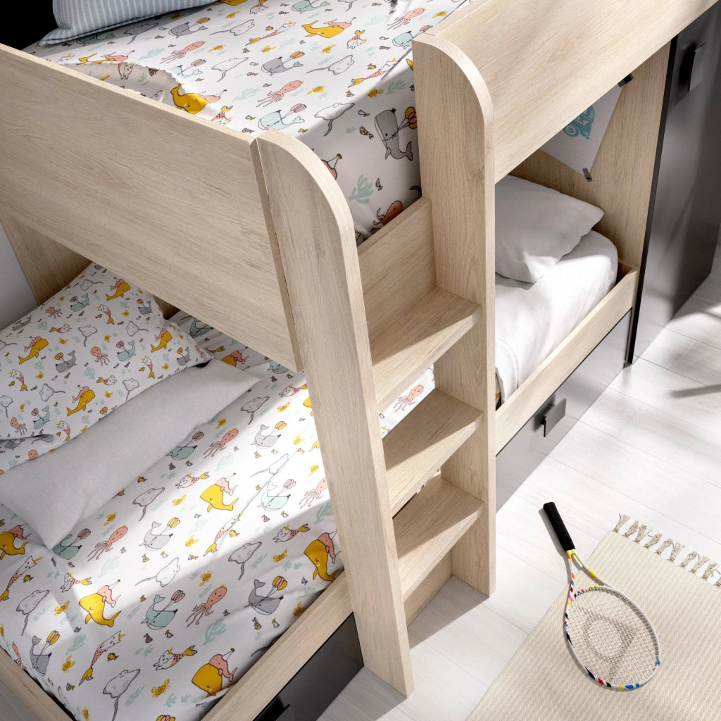 Letto per bambini Pax, Cameretta completa con armadio e cassetti, Composizione letto a castello con due lettini singoli, 255x112h150 cm, Rovere e Antracite