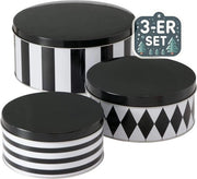 Set di 3 scatole per biscotti in metallo con disegno a strisce nere e bianche a forma di diamante, dimensioni H6-9cm